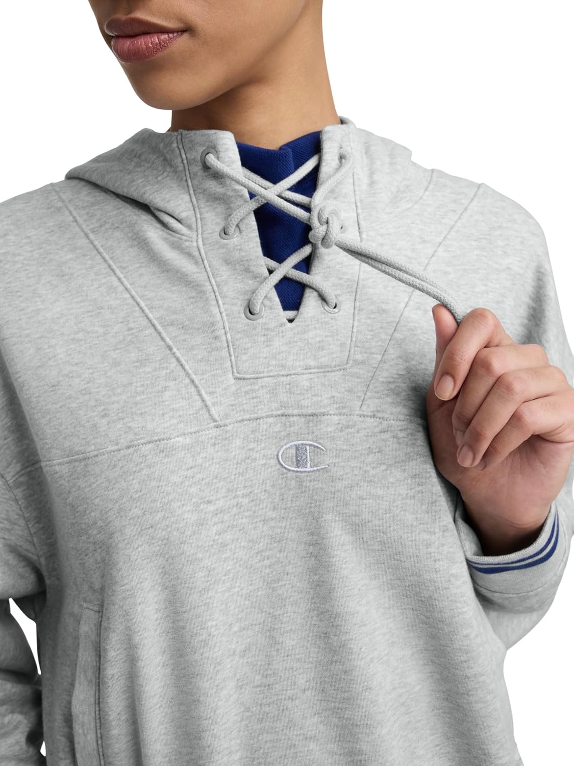 image:imageChampion Womens Tackle Front Lace Pullover Hoodie Loose Fit French TerryOxford Gray Heather