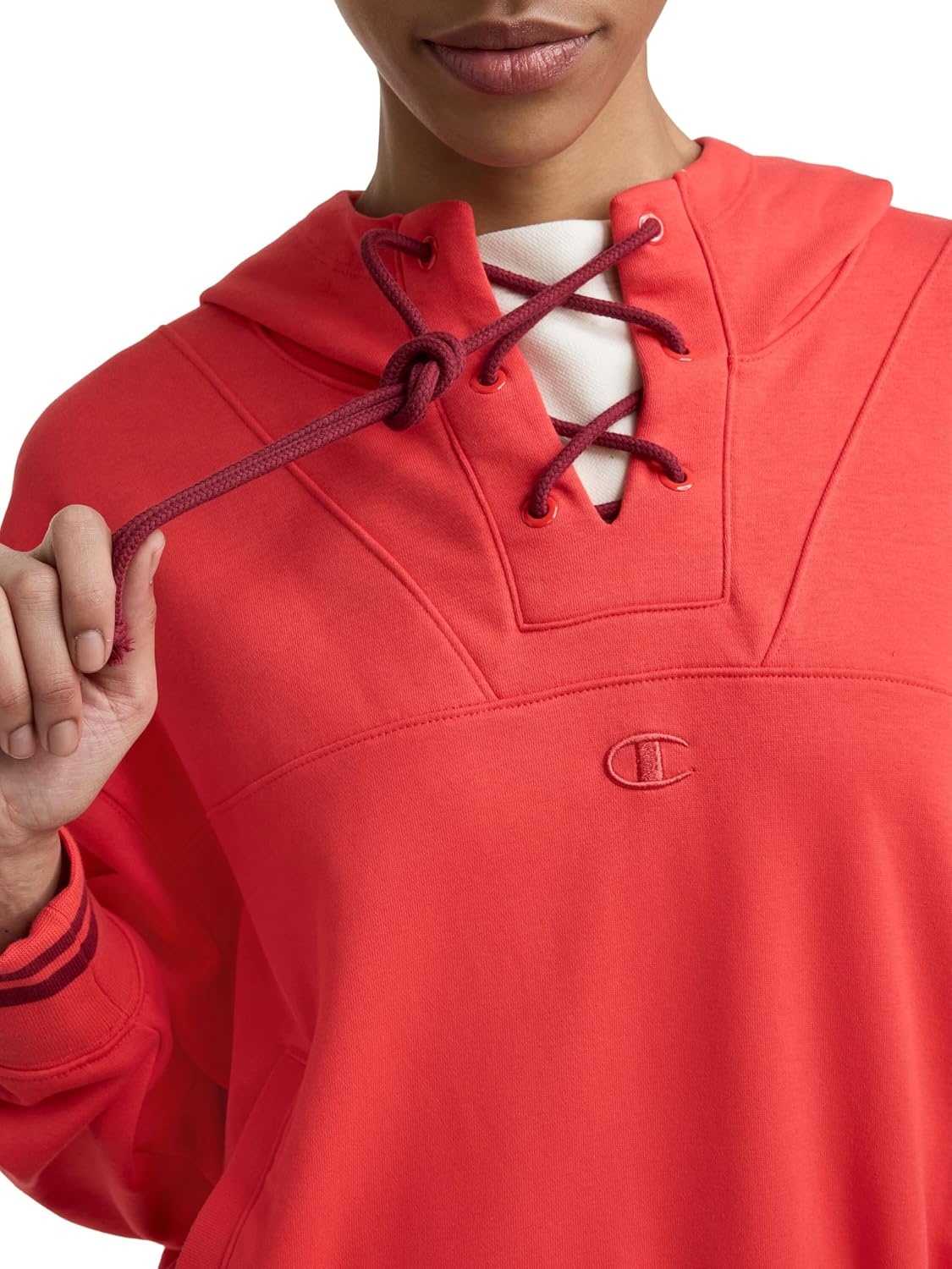 image:imageChampion Womens Tackle Front Lace Pullover Hoodie Loose Fit French TerryPoppy Red