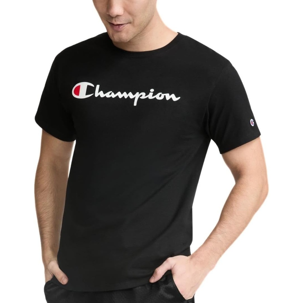 image:imageChampion Mens Classic Script Graphic Short Sleeve TShirt Standard Fit Tonal Logo Available in Regular and Big amp TallBlack