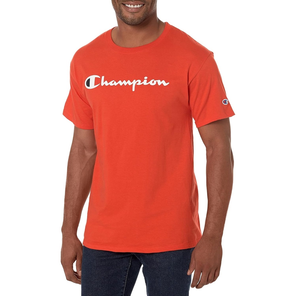 image:imageChampion Mens Classic Script Graphic Short Sleeve TShirt Standard Fit Tonal Logo Available in Regular and Big amp TallSpicy Orange Classic Script Logo