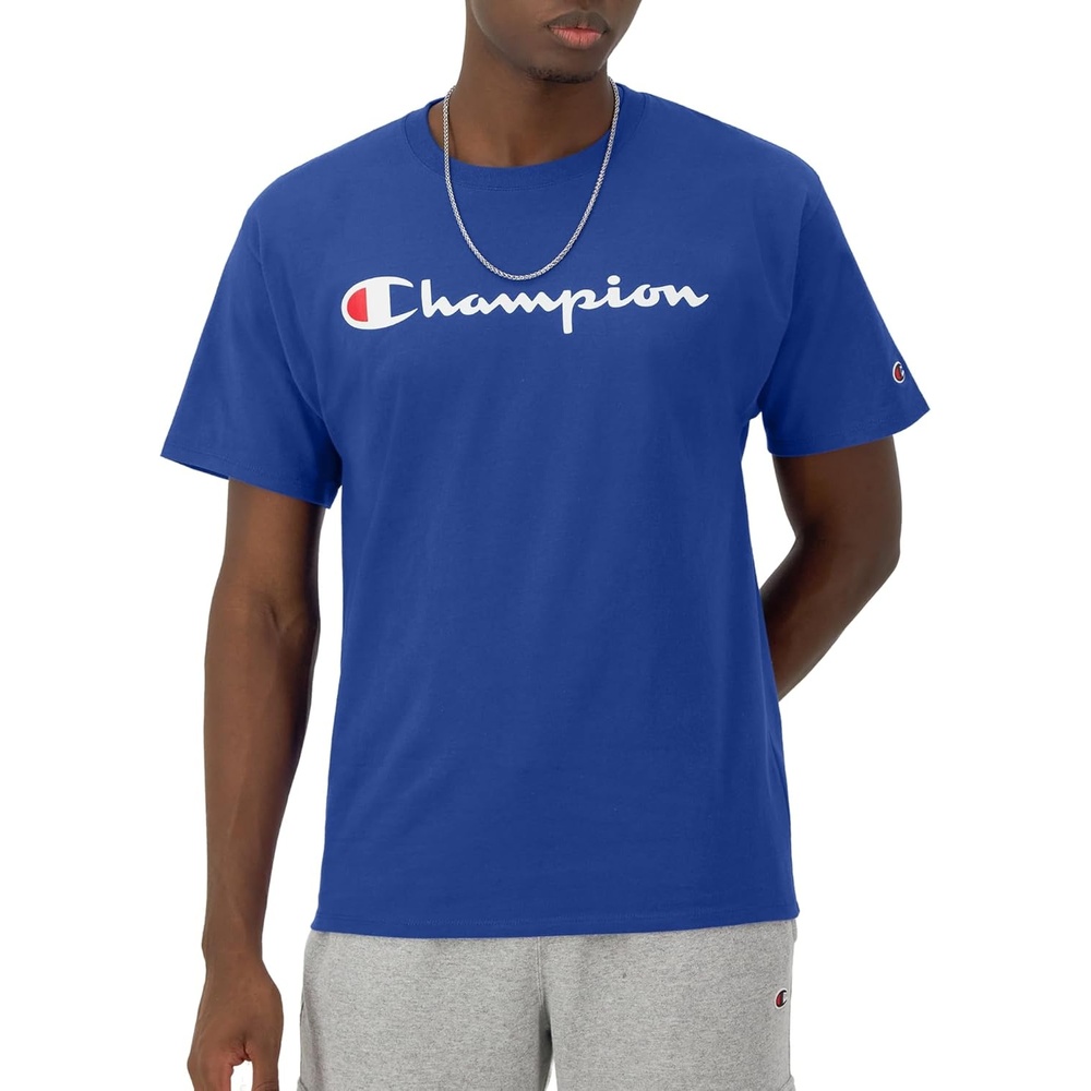 image:imageChampion Mens Classic Script Graphic Short Sleeve TShirt Standard Fit Tonal Logo Available in Regular and Big amp TallSurf the Web Classic Script Logo