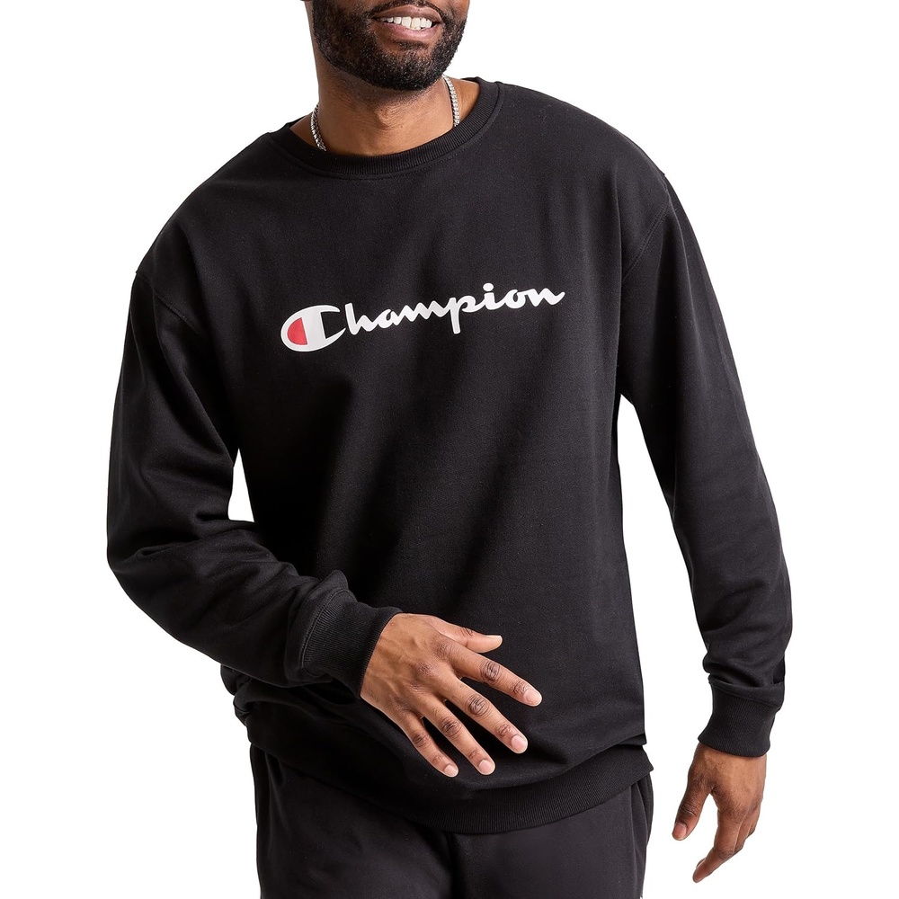 image:imageChampion Mens Crewneck Fleece Sweatshirt Standard Fit Midweight Script Logo Available in Regular and Big amp TallBlack Classic Script Logo
