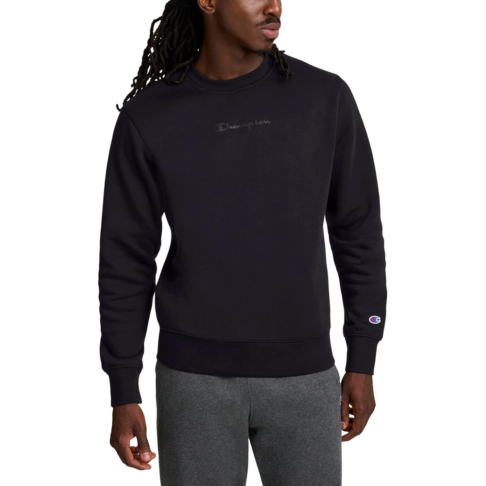 image:imageChampion Mens Crewneck Fleece Sweatshirt Standard Fit Midweight Script Logo Available in Regular and Big amp TallBlack Tonal Script Logo
