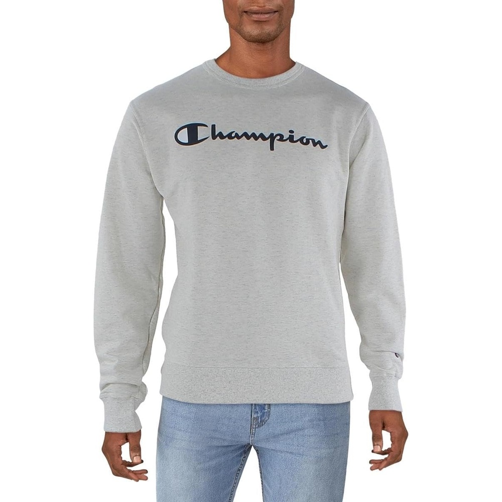 image:imageChampion Mens Crewneck Fleece Sweatshirt Standard Fit Midweight Script Logo Available in Regular and Big amp TallOatmeal Heather Script
