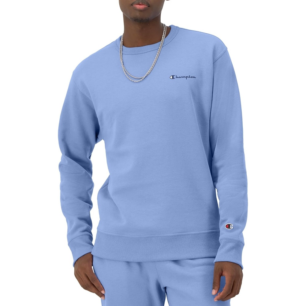 image:imageChampion Mens Crewneck Fleece Sweatshirt Standard Fit Midweight Script Logo Available in Regular and Big amp TallPlaster Blue Small Script