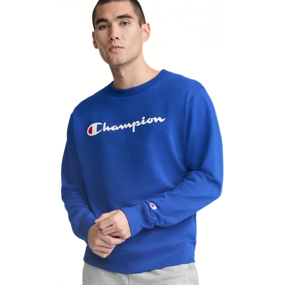 image:imageChampion Mens Crewneck Fleece Sweatshirt Standard Fit Midweight Script Logo Available in Regular and Big amp TallSurf the Web Classic Script Logo
