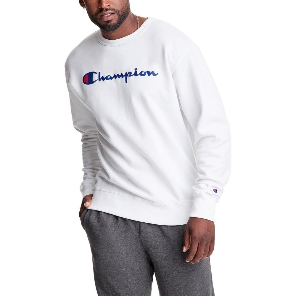 image:imageChampion Mens Crewneck Fleece Sweatshirt Standard Fit Midweight Script Logo Available in Regular and Big amp TallWhite Classic Script Logo