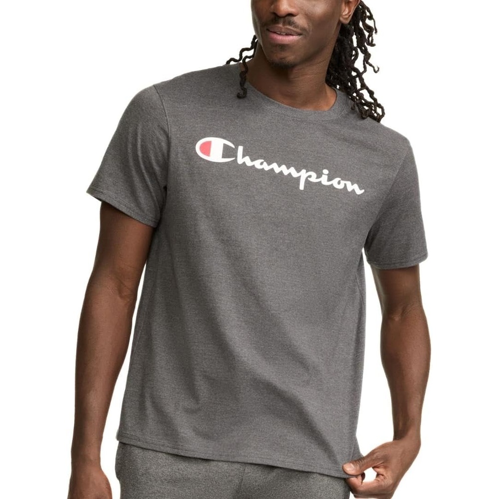 image:imageChampion Mens Graphic Short Sleeve TShirt Standard Fit Classic Script Logo Midweight 100 CottonGranite Heather