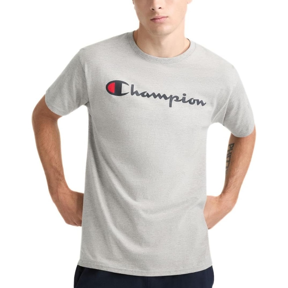 image:imageChampion Mens Graphic Short Sleeve TShirt Standard Fit Classic Script Logo Midweight 100 CottonPlatinum Silver Heather