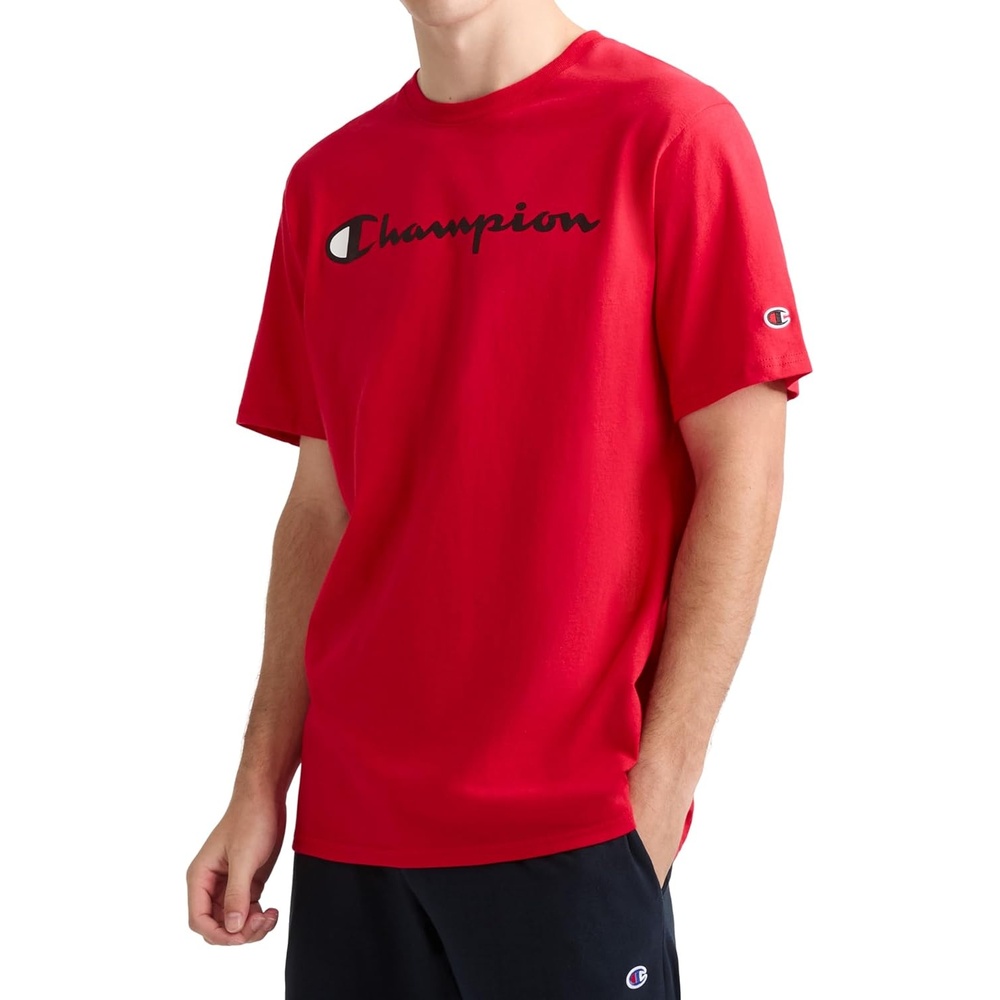 image:imageChampion Mens Graphic Short Sleeve TShirt Standard Fit Classic Script Logo Midweight 100 CottonTango Red