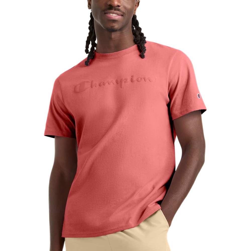 image:imageChampion Mens Graphic Short Sleeve TShirt Standard Fit Tonal Script Logo Midweight 100 CottonCozy Brick Red