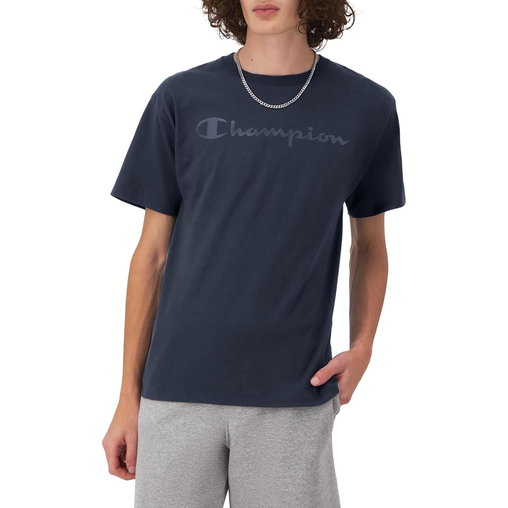 image:imageChampion Mens Graphic Short Sleeve TShirt Standard Fit Tonal Script Logo Midweight 100 CottonNavy Tonal Script Logo