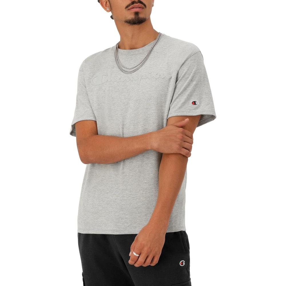 image:imageChampion Mens Graphic Short Sleeve TShirt Standard Fit Tonal Script Logo Midweight 100 CottonOxford Gray Heather