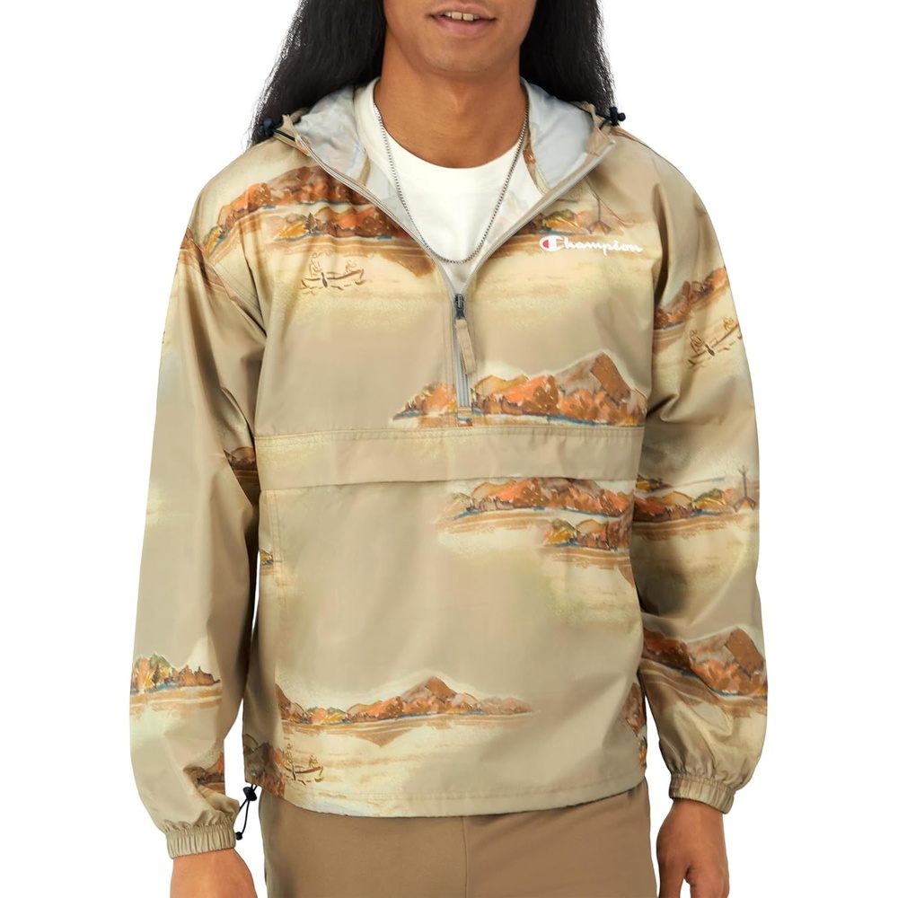 image:imageChampion Mens Jacket Stadium Fullzip Jacket Wind Resistant Water Resistant Jacket for MenArctic Cold Beige Small Script