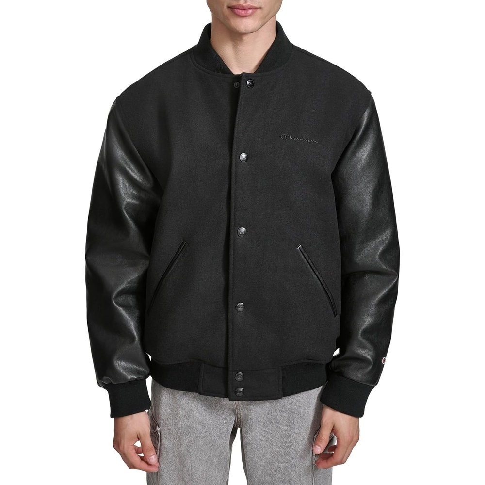 image:imageChampion Mens Letterman Varsity Bomber Jacket With Faux Leather SleevesBlack