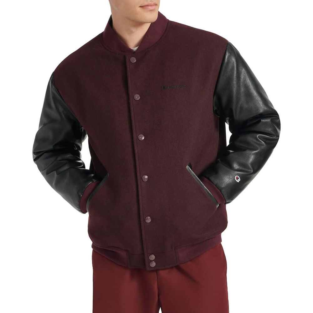 image:imageChampion Mens Letterman Varsity Bomber Jacket With Faux Leather SleevesBurgundyBlack