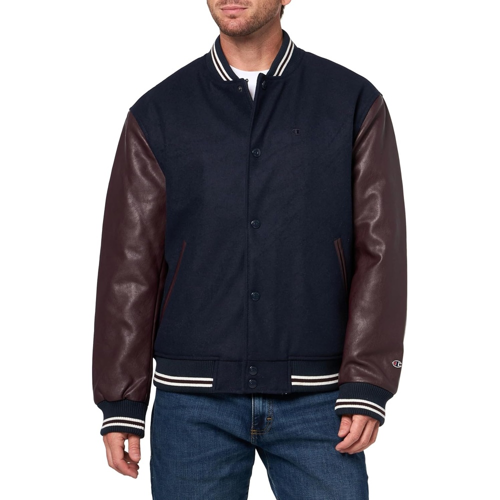 image:imageChampion Mens Letterman Varsity Bomber Jacket With Faux Leather SleevesNavy Burgundy