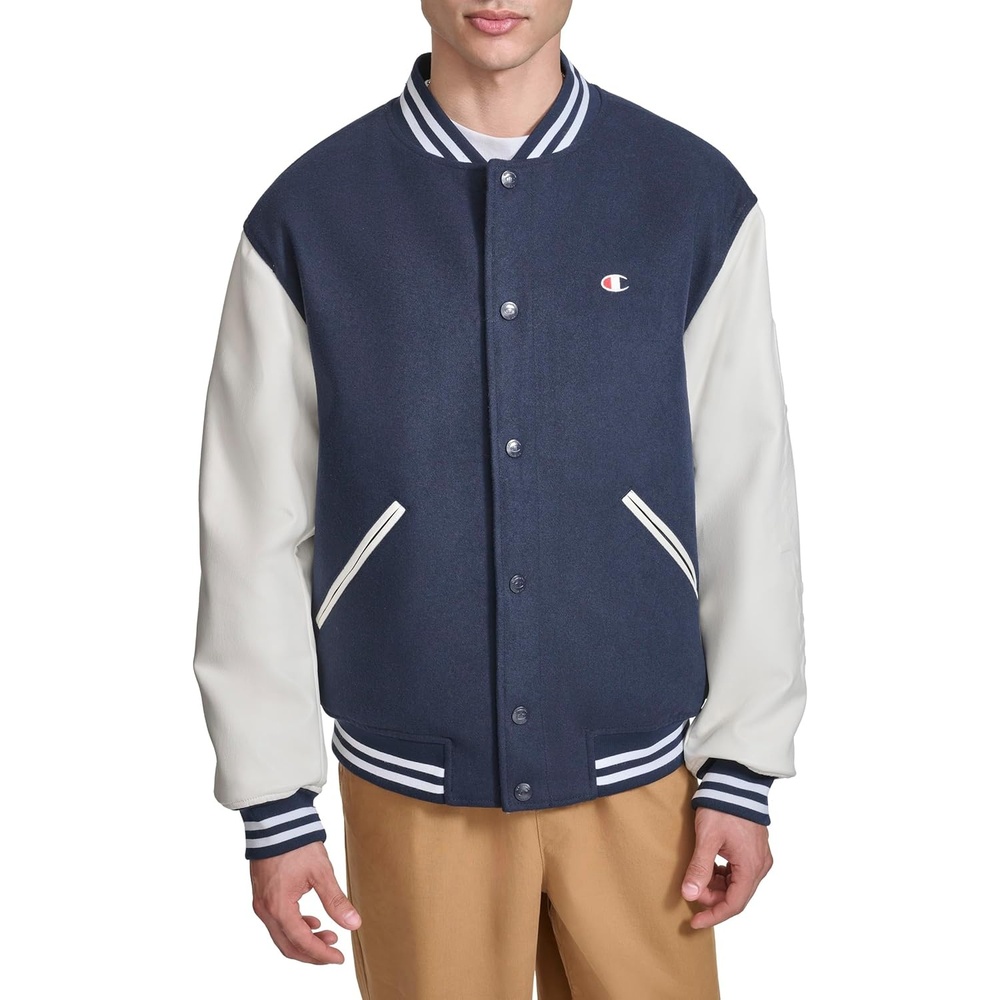 image:imageChampion Mens Letterman Varsity Bomber Jacket With Quilted Lining amp Embroidered SleevesNavyWhite