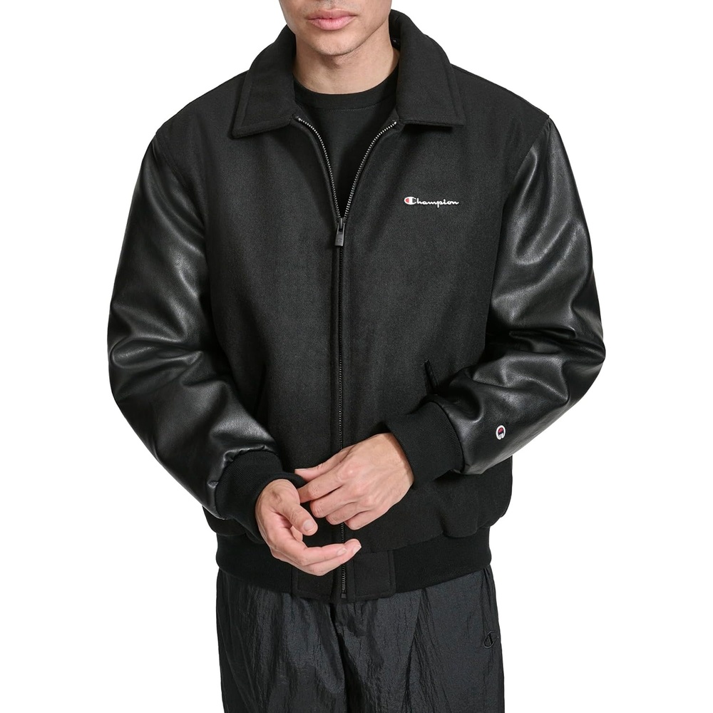 image:imageChampion Mens Letterman Varsity Bomber Zipper Closure Jacket With Faux Leather SleevesBlack