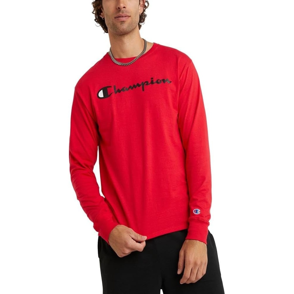 image:imageChampion Mens Long Sleeve Tshirt Classic Tshirt for Men Reg Or Big amp TallScarlet Classic Script Logo