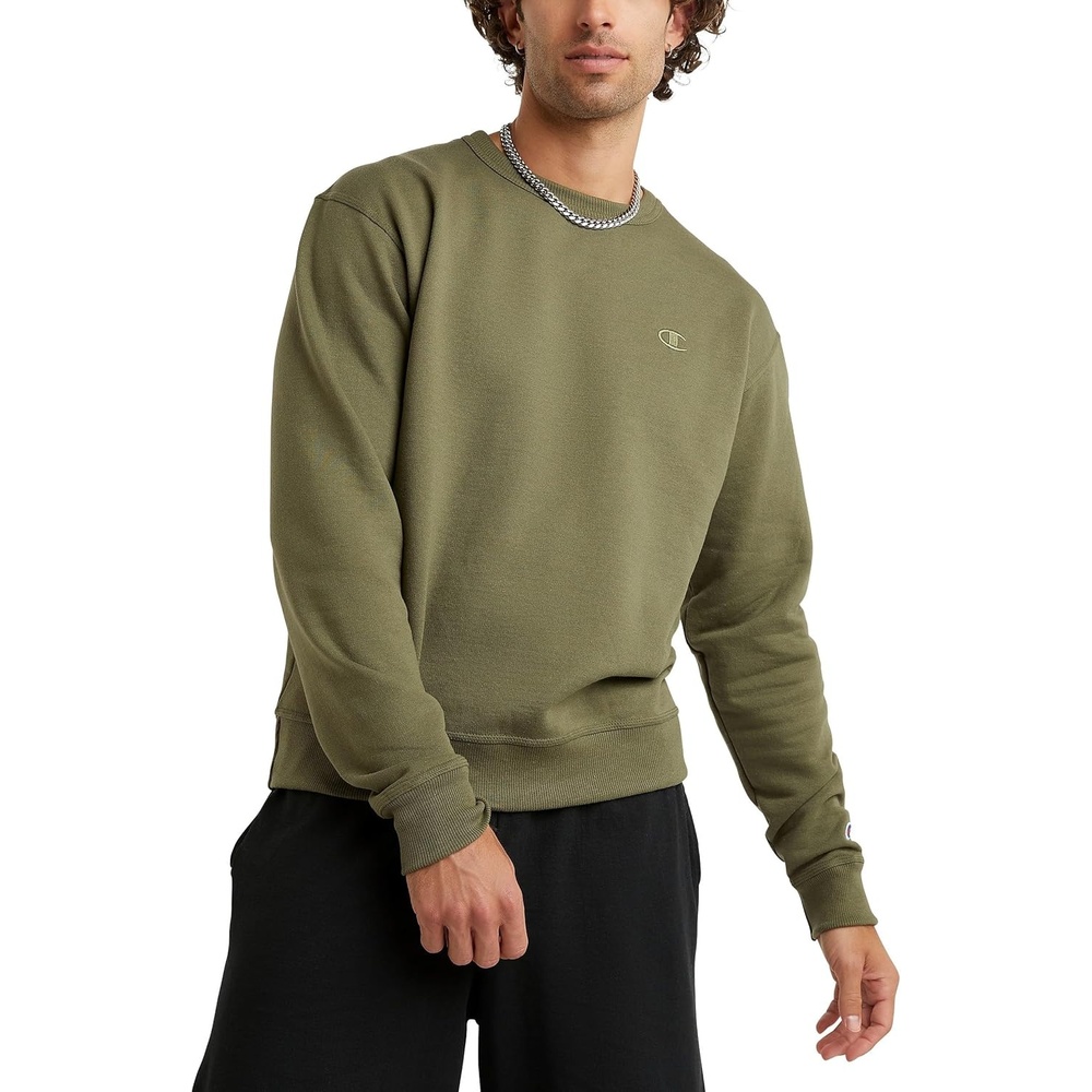image:imageChampion Mens Mens Crewneck Fleece Sweatshirt Standard Fit Midweight C Logo Available in Regular and Big amp TallCargo Olive  C Logo