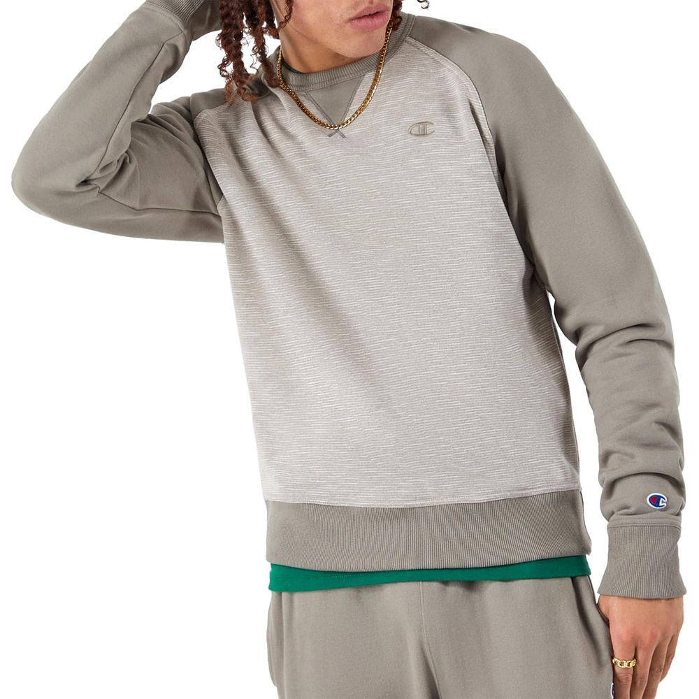 image:imageChampion Mens Mens Crewneck Fleece Sweatshirt Standard Fit Midweight C Logo Available in Regular and Big amp TallSandalwood Grey Stripe C Logo