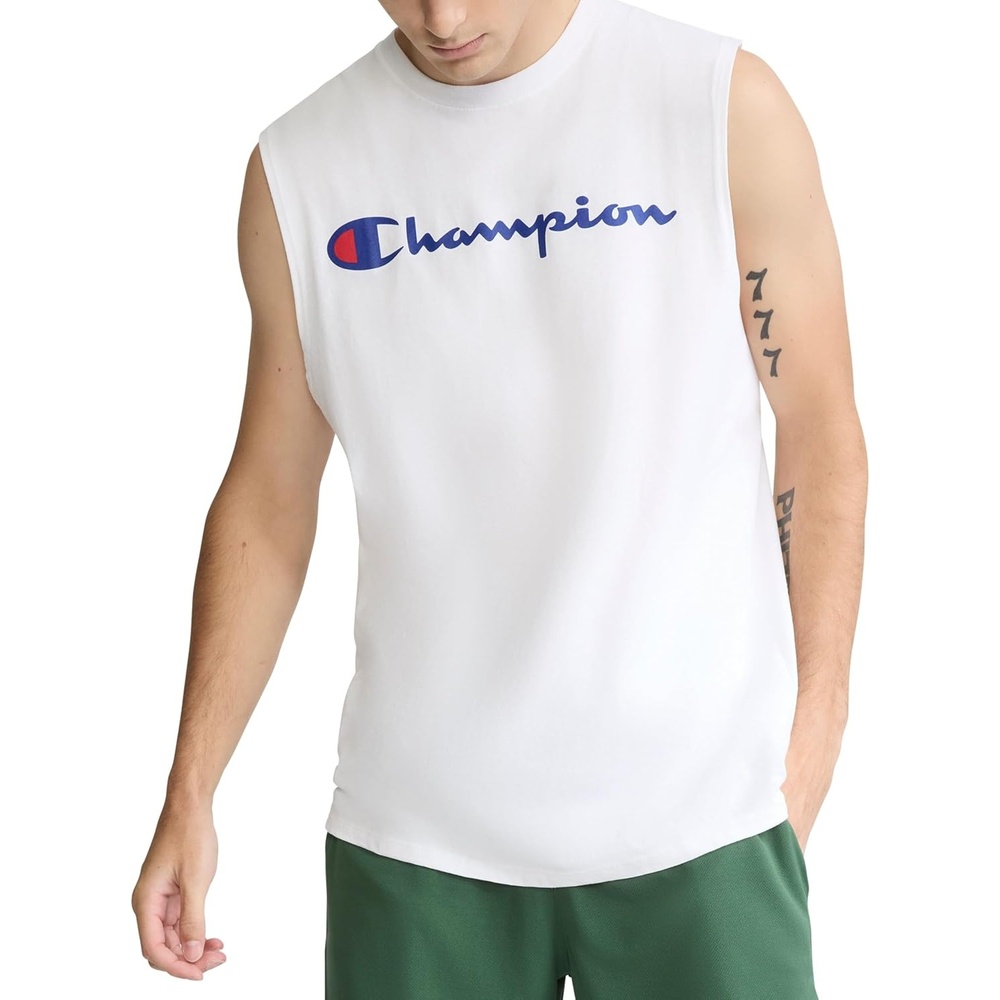 image:imageChampion Mens Muscle Tank Classic Graphic Muscle Tee Sleeveless Tshirt for Men Reg Or Big amp TallWhite  Classic Script Logo