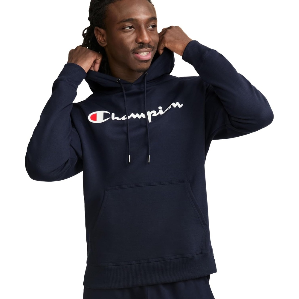 image:imageChampion Mens Pullover Graphic Fleece Hoodie Standard Fit Midweight Fleece Classic Script LogoDeep Navy