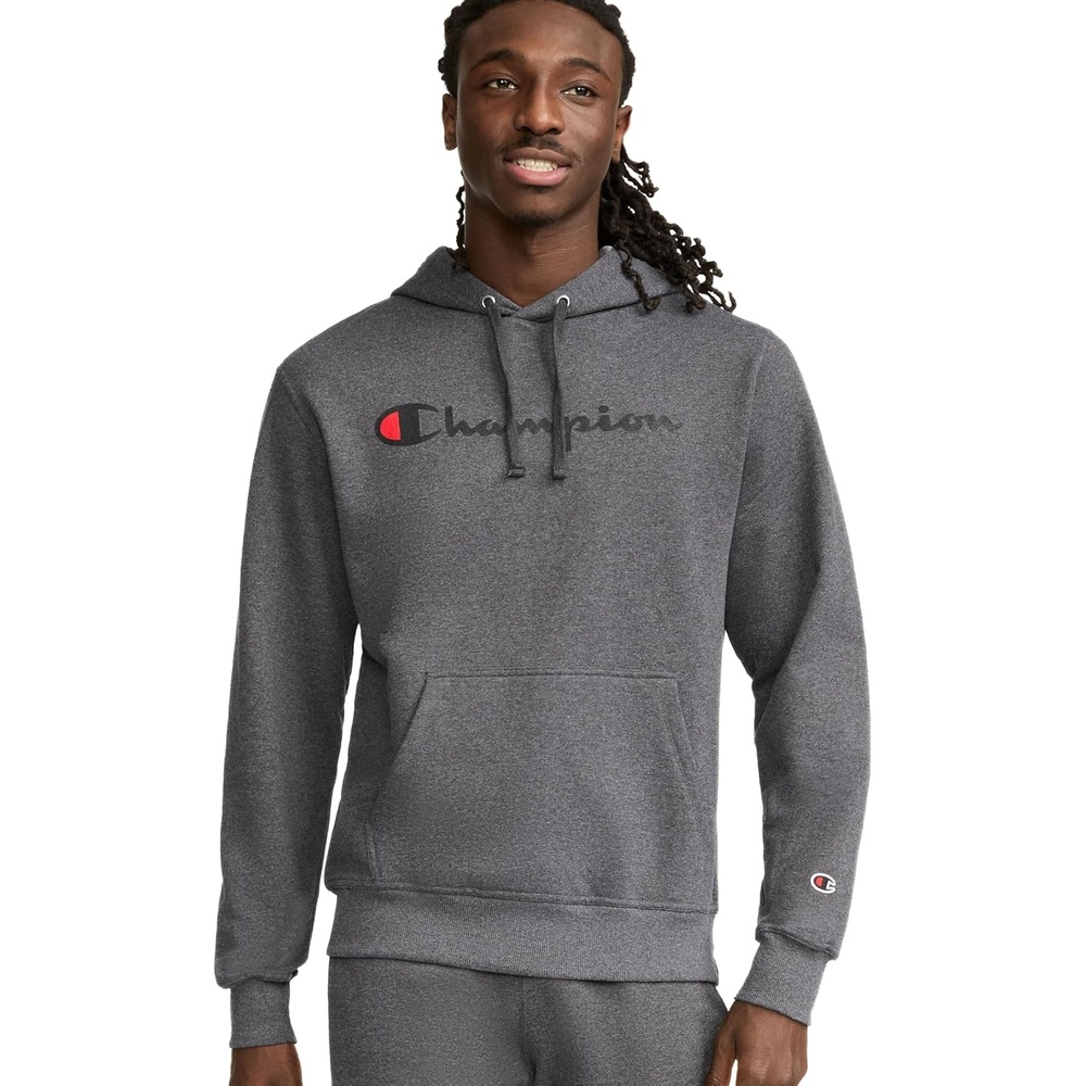 image:imageChampion Mens Pullover Graphic Fleece Hoodie Standard Fit Midweight Fleece Classic Script LogoGranite Heather