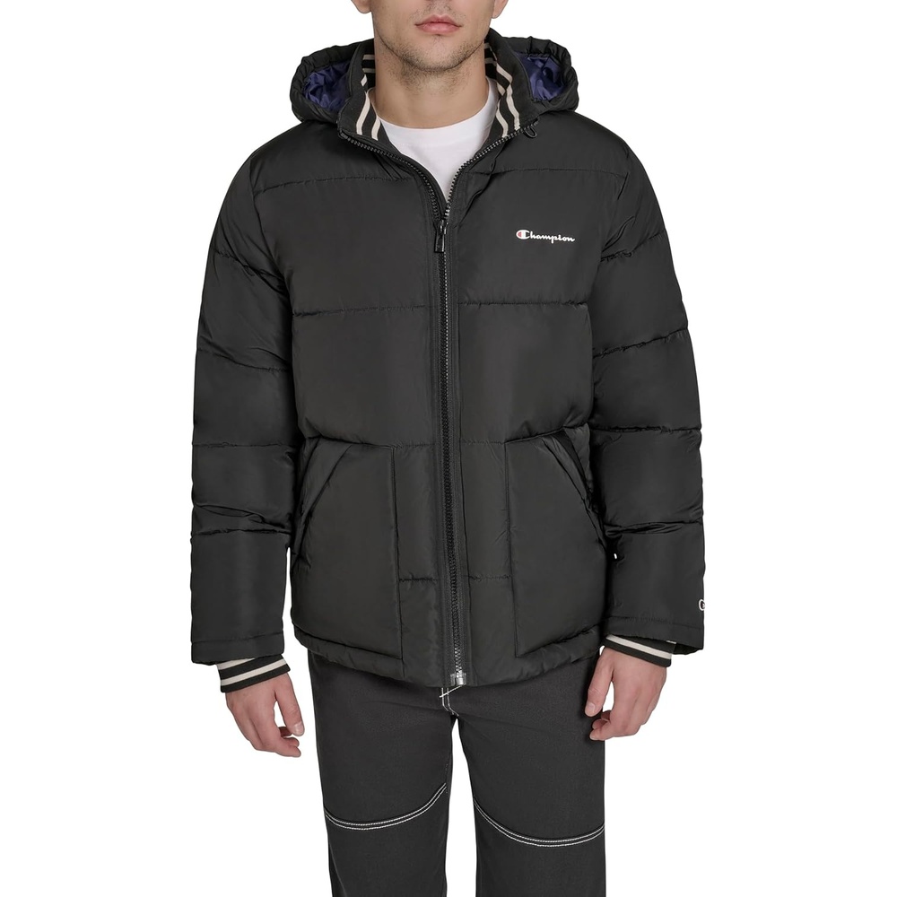 image:imageChampion Mens Quilted Fullzip Hooded Puffer JacketBlack Patch Pocket