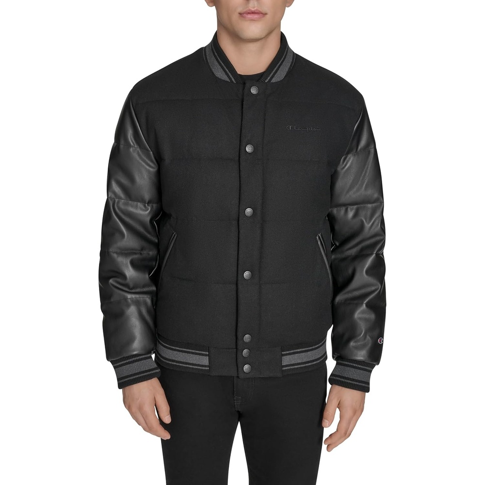 image:imageChampion Mens Varsity Bomber Puffer JacketBlack Faux Leather
