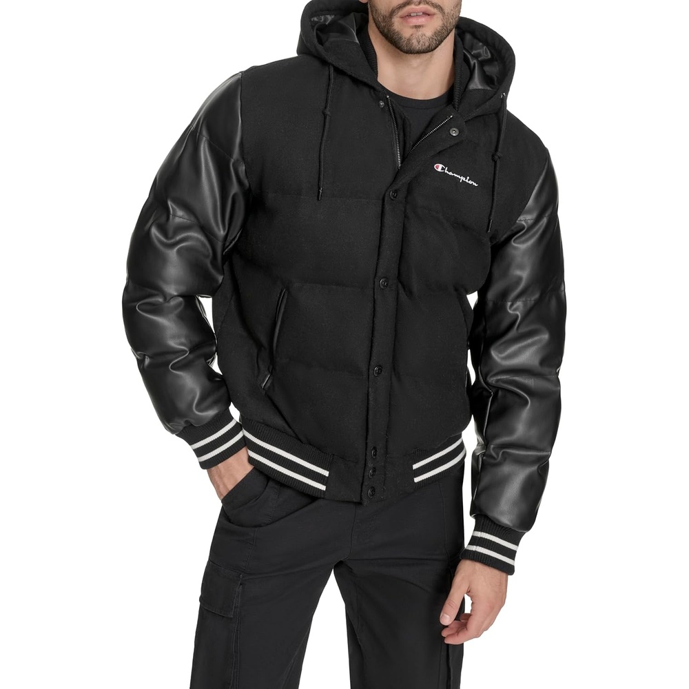 image:imageChampion Mens Varsity Bomber Puffer JacketBlack Wool Hoody