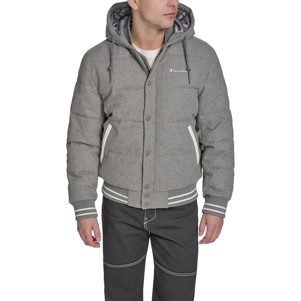image:imageChampion Mens Varsity Bomber Puffer JacketHeather Grey Wool Hoody