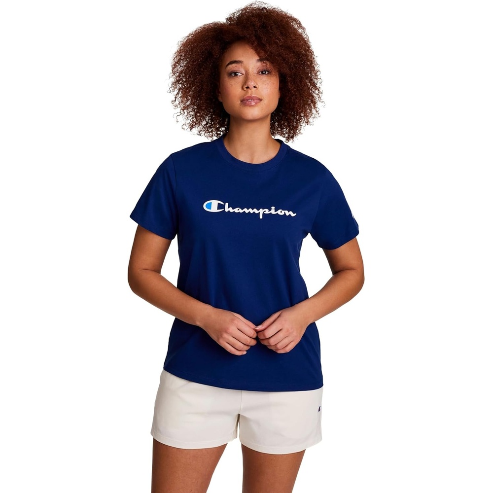 image:imageChampion Womens Classic Short Sleeve Graphic TShirt Standard Fit Script LogoBlue Depths