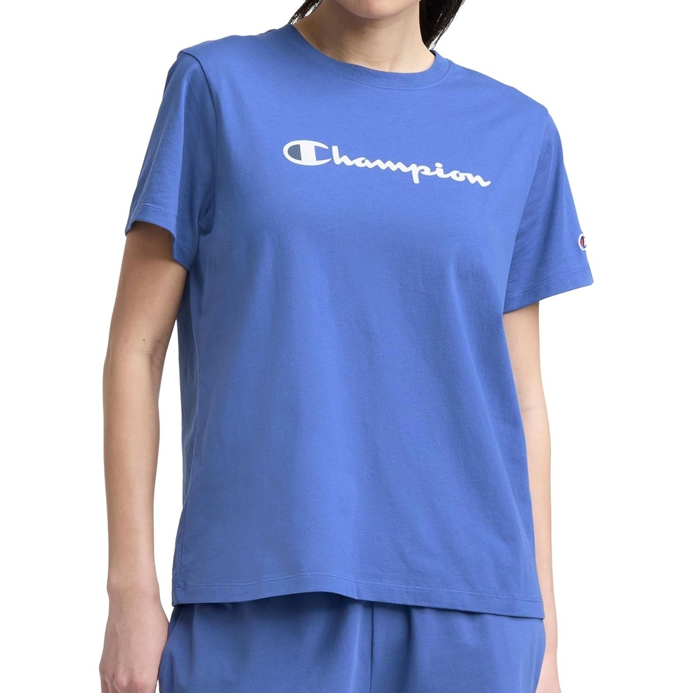 image:imageChampion Womens Classic Short Sleeve Graphic TShirt Standard Fit Script LogoCoastal Fjord