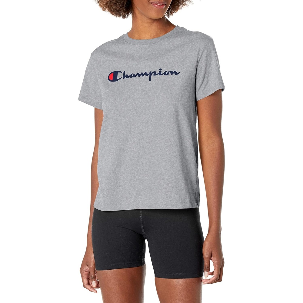 image:imageChampion Womens Classic Short Sleeve Graphic TShirt Standard Fit Script LogoOxford Gray  Classic Script Logo