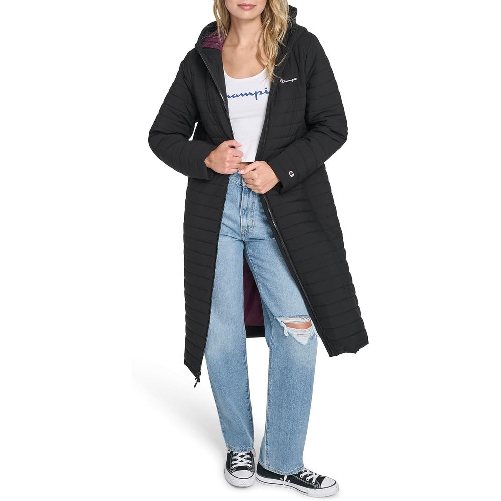 image:imageChampion Womens Lightweight Long Hooded PufferBlack