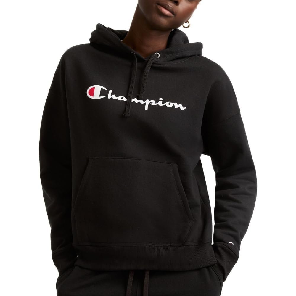 image:imageChampion Womens Pullover Fleece Hoodie Loose Fit Midweight Script Logo Available in Regular and PlusBlack Classic Script Logo