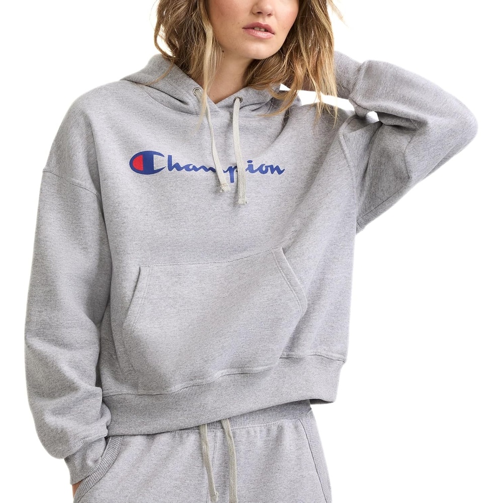 image:imageChampion Womens Pullover Fleece Hoodie Loose Fit Midweight Script Logo Available in Regular and PlusOxford Gray Classic Script Logo