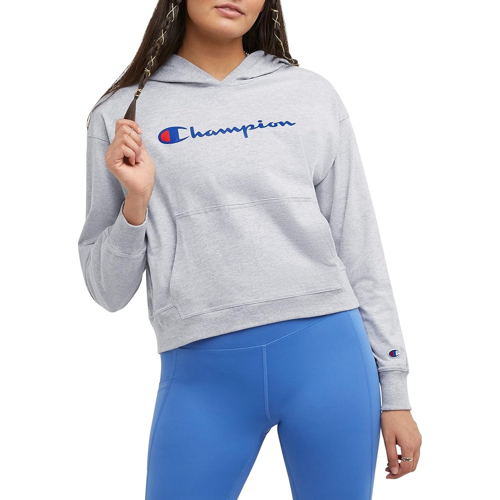 image:imageChampion Womens Pullover Fleece Hoodie Loose Fit Midweight Script Logo Available in Regular and PlusOxford Gray Champion Script