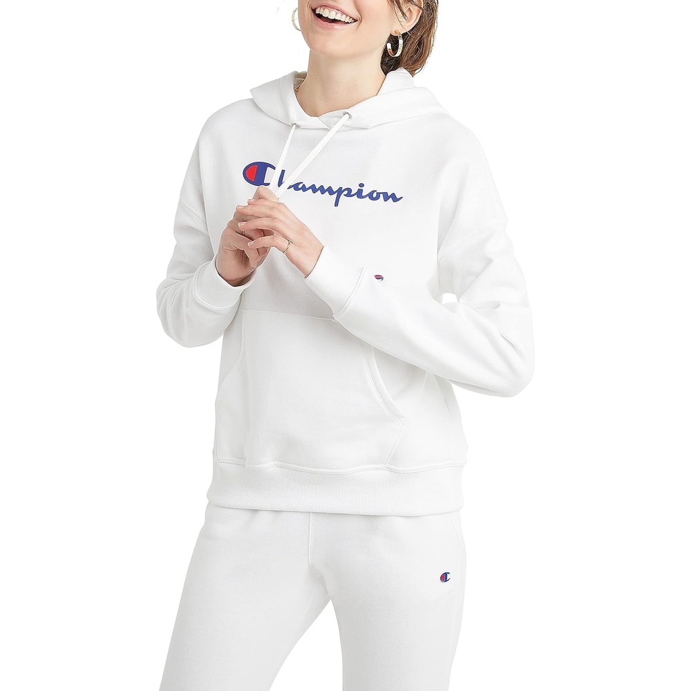image:imageChampion Womens Pullover Fleece Hoodie Loose Fit Midweight Script Logo Available in Regular and PlusWhite Classic Script Logo