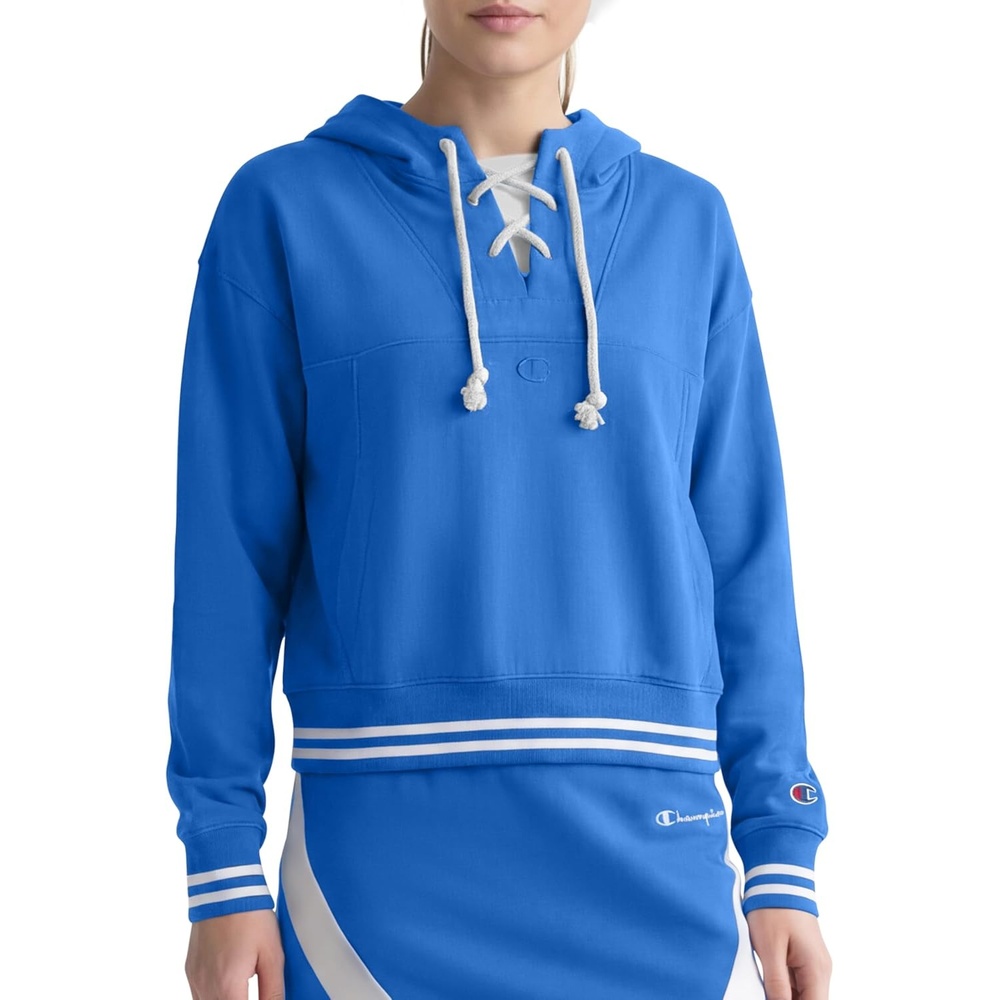 image:imageChampion Womens Tackle Front Lace Pullover Hoodie Loose Fit French TerryNebulas Blue