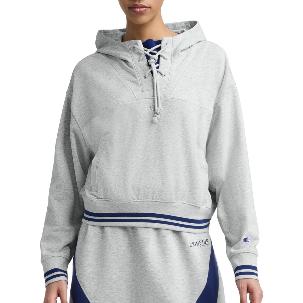 image:imageChampion Womens Tackle Front Lace Pullover Hoodie Loose Fit French TerryOxford Gray Heather