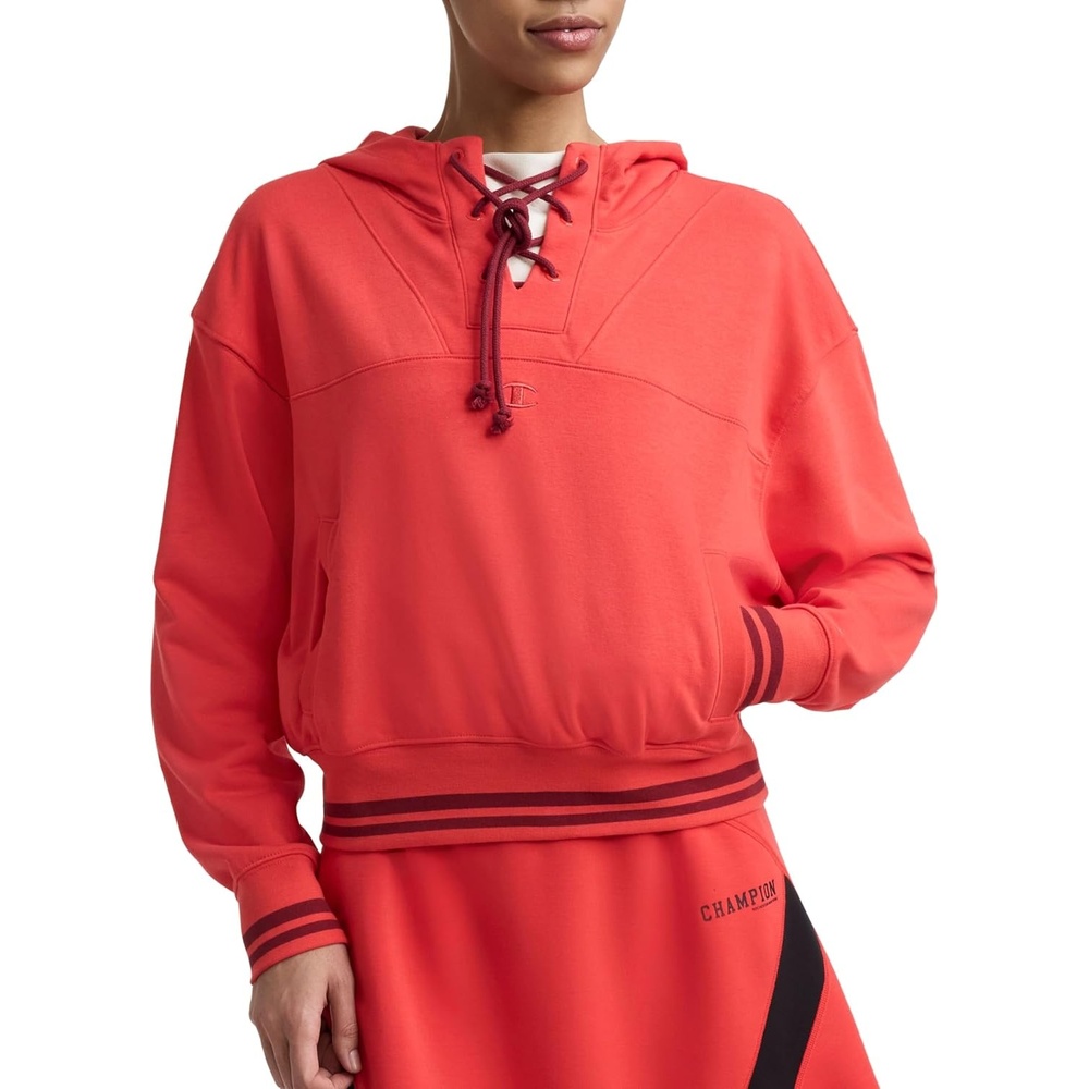 image:imageChampion Womens Tackle Front Lace Pullover Hoodie Loose Fit French TerryPoppy Red