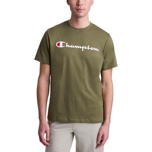 Champion Men’s Graphic Short Sleeve T-Shirt, Standard Fit, Classic Script Logo, Midweight 100% Cotton(Burnt Olive)