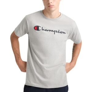 Champion Men’s Graphic Short Sleeve T-Shirt, Standard Fit, Classic Script Logo, Midweight 100% Cotton(Platinum Silver Heather)