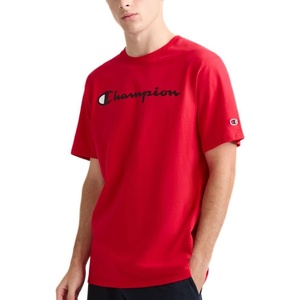 Champion Men’s Graphic Short Sleeve T-Shirt, Standard Fit, Classic Script Logo, Midweight 100% Cotton(Scarlet)