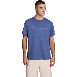 Champion Men’s Graphic Short Sleeve T-Shirt, Standard Fit, Tonal Script Logo, Midweight 100% Cotton(Coastal Fjord)