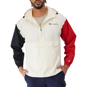 Champion Men’s Jacket, Stadium Full-zip Jacket, Wind Resistant, Water Resistant Jacket for Men(Natural/Black/Eclipse Red Small Script)