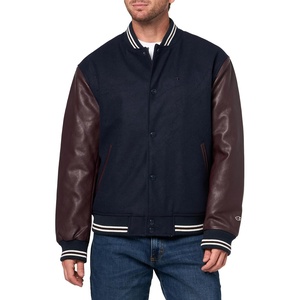 Champion Men’s Letterman Varsity Bomber Jacket With Faux Leather Sleeves(Navy / Burgundy)